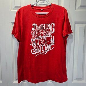 New Red Christmas Graphic T-Shirt – “Dashing Through the Snow” – Size Large
